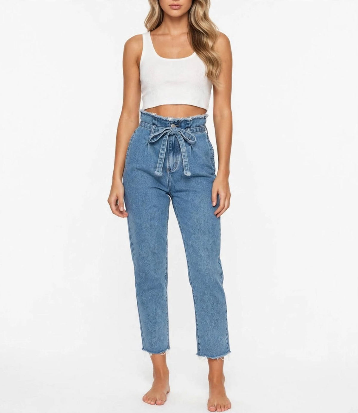 Women's High Waisted Paper Bag Tie Waist Jeans - Frayed Raw Hem Cropped Straight Leg