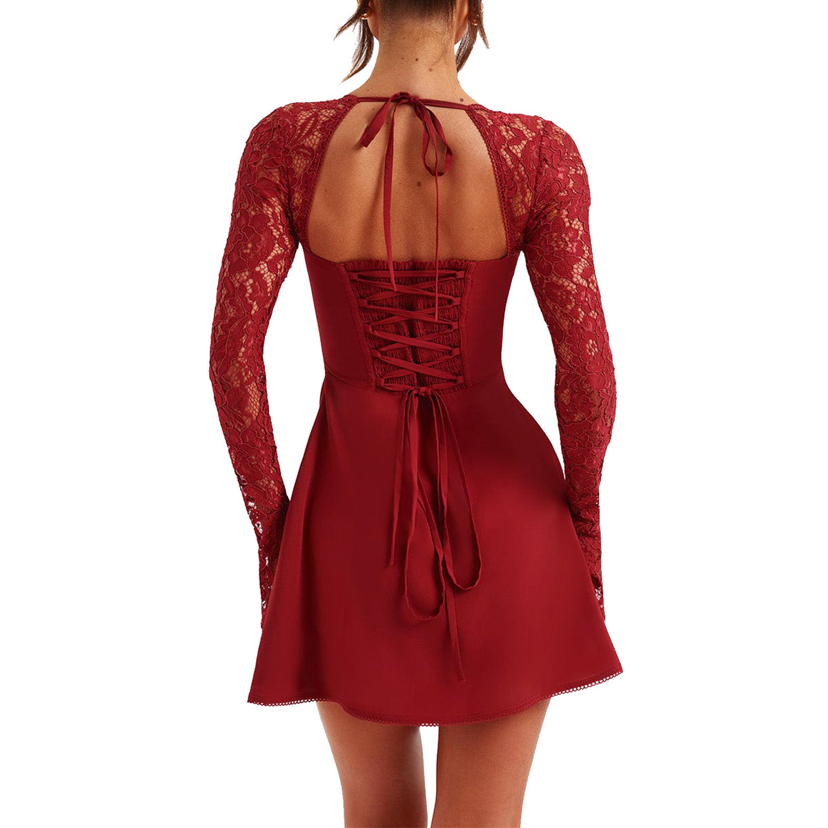 Lace Long Sleeve Mini Dress - Bow Sweetheart Neck Flare Dress - Elegant Lace Dress