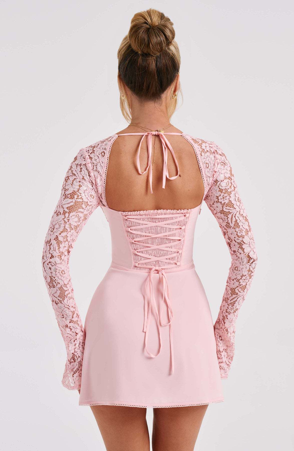 Lace Long Sleeve Mini Dress - Bow Sweetheart Neck Flare Dress - Elegant Lace Dress