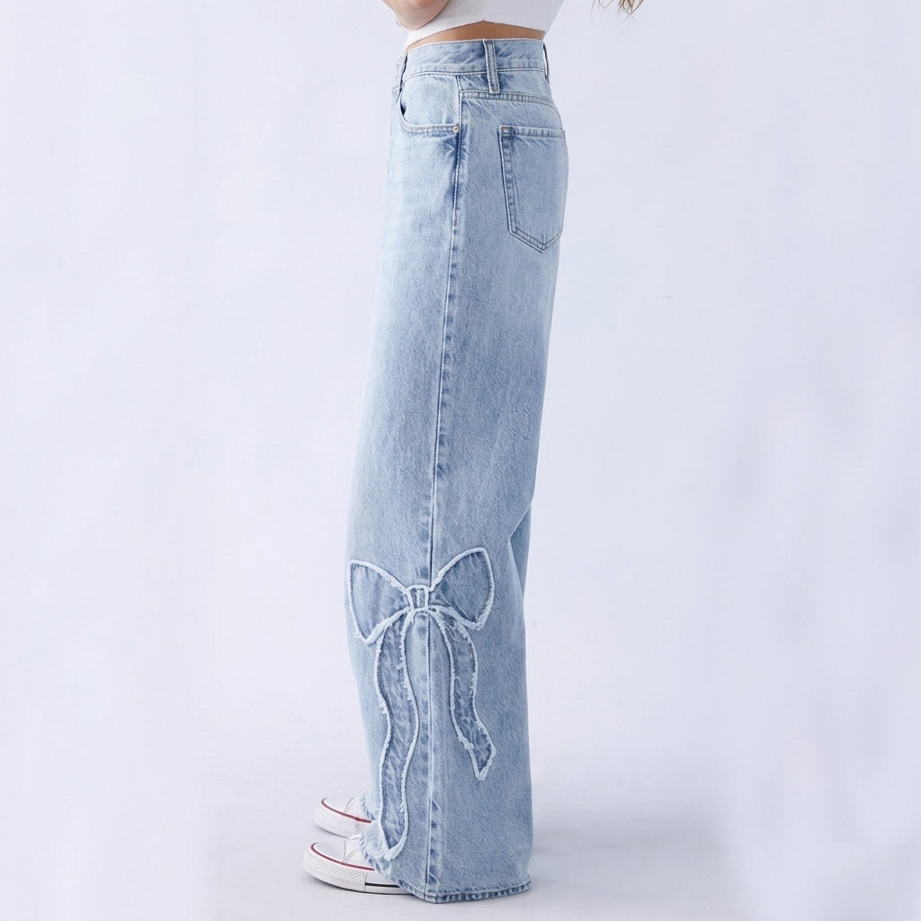 Women's High Waist Bow Wide Leg Jeans - Light Wash Bow Applique Denim - Y2K Streetwear