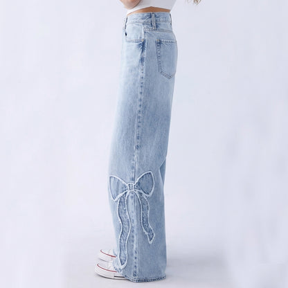 Women's High Waist Bow Wide Leg Jeans - Light Wash Bow Applique Denim - Y2K Streetwear