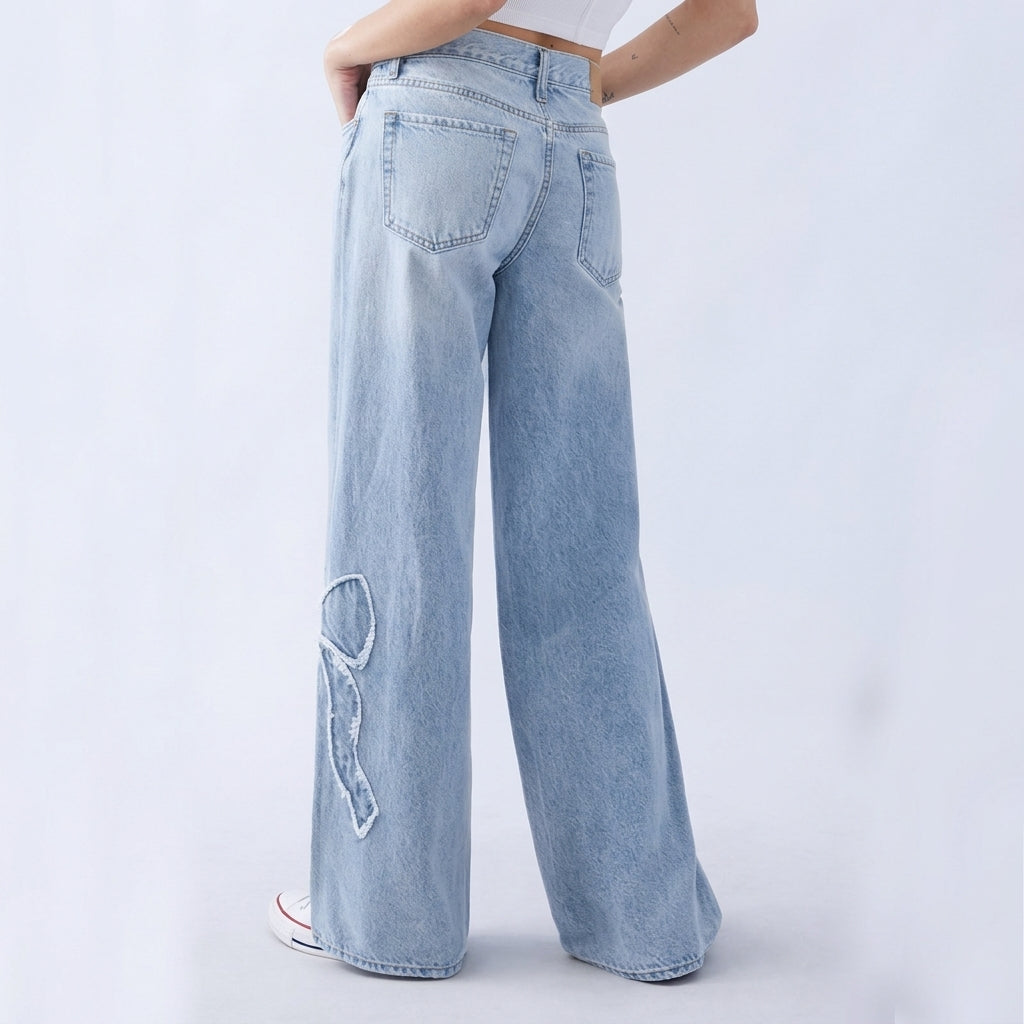 Women's High Waist Bow Wide Leg Jeans - Light Wash Bow Applique Denim - Y2K Streetwear