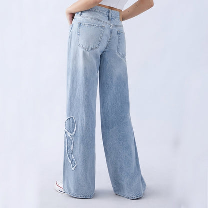 Women's High Waist Bow Wide Leg Jeans - Light Wash Bow Applique Denim - Y2K Streetwear