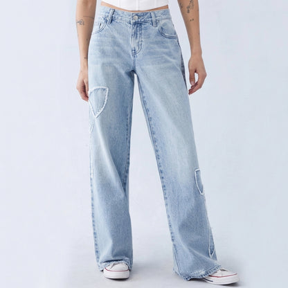 Women's High Waist Bow Wide Leg Jeans - Light Wash Bow Applique Denim - Y2K Streetwear