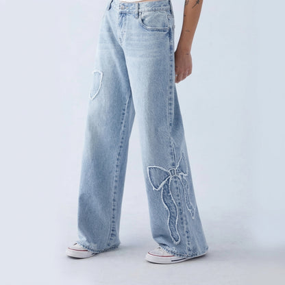 Women's High Waist Bow Wide Leg Jeans - Light Wash Bow Applique Denim - Y2K Streetwear