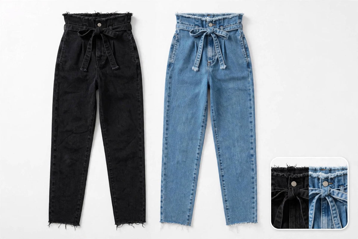 Women's High Waisted Paper Bag Tie Waist Jeans - Frayed Raw Hem Cropped Straight Leg