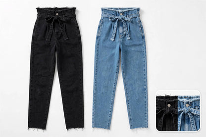 Women's High Waisted Paper Bag Tie Waist Jeans - Frayed Raw Hem Cropped Straight Leg