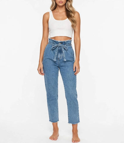 Women's High Waisted Paper Bag Tie Waist Jeans - Frayed Raw Hem Cropped Straight Leg
