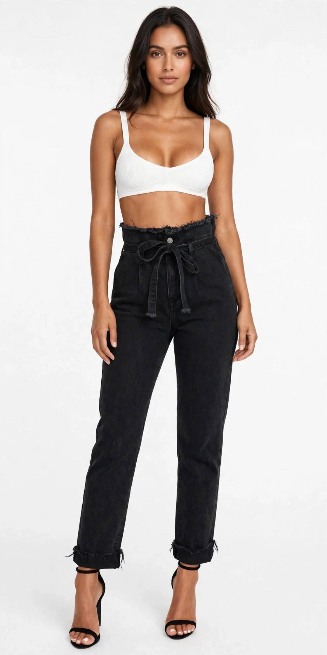 Women's High Waisted Paper Bag Tie Waist Jeans - Frayed Raw Hem Cropped Straight Leg