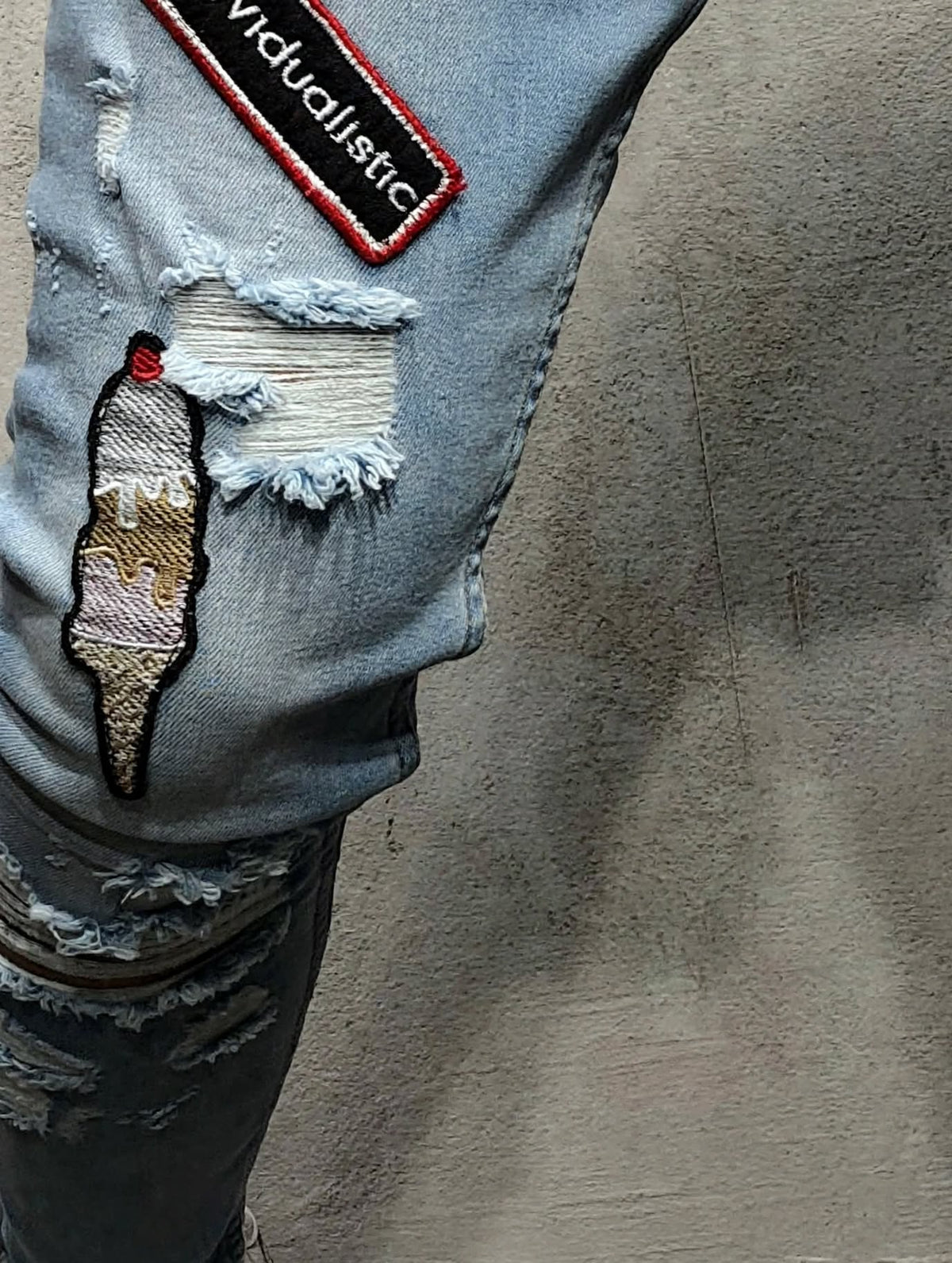 Men's Light Blue Ripped Skinny Jeans - Patchwork Distressed Pencil Jeans - Streetwear