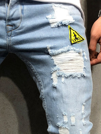 Men's Light Blue Ripped Skinny Jeans - Patchwork Distressed Pencil Jeans - Streetwear